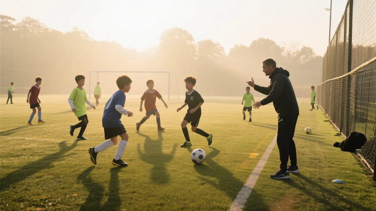训练场上进行青训的年轻球员，旁边有教练讲解与简易看台，象征冠军后的产业与人才体系建设
