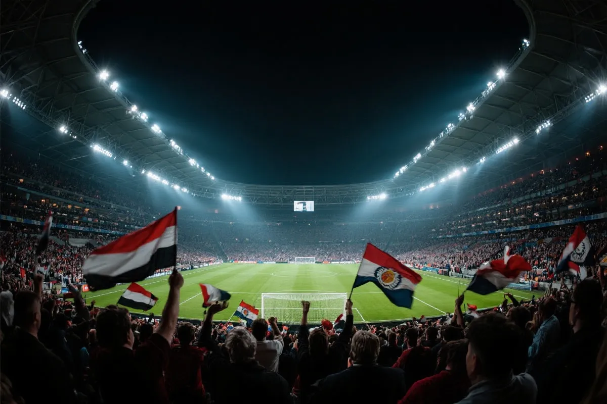 世界杯半决赛球场内景：灯光下的看台人海、紧张氛围、球迷挥旗