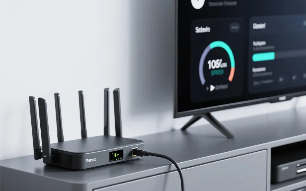 路由器与智能电视有线连接示意，旁边显示网络测速与播放测试界面